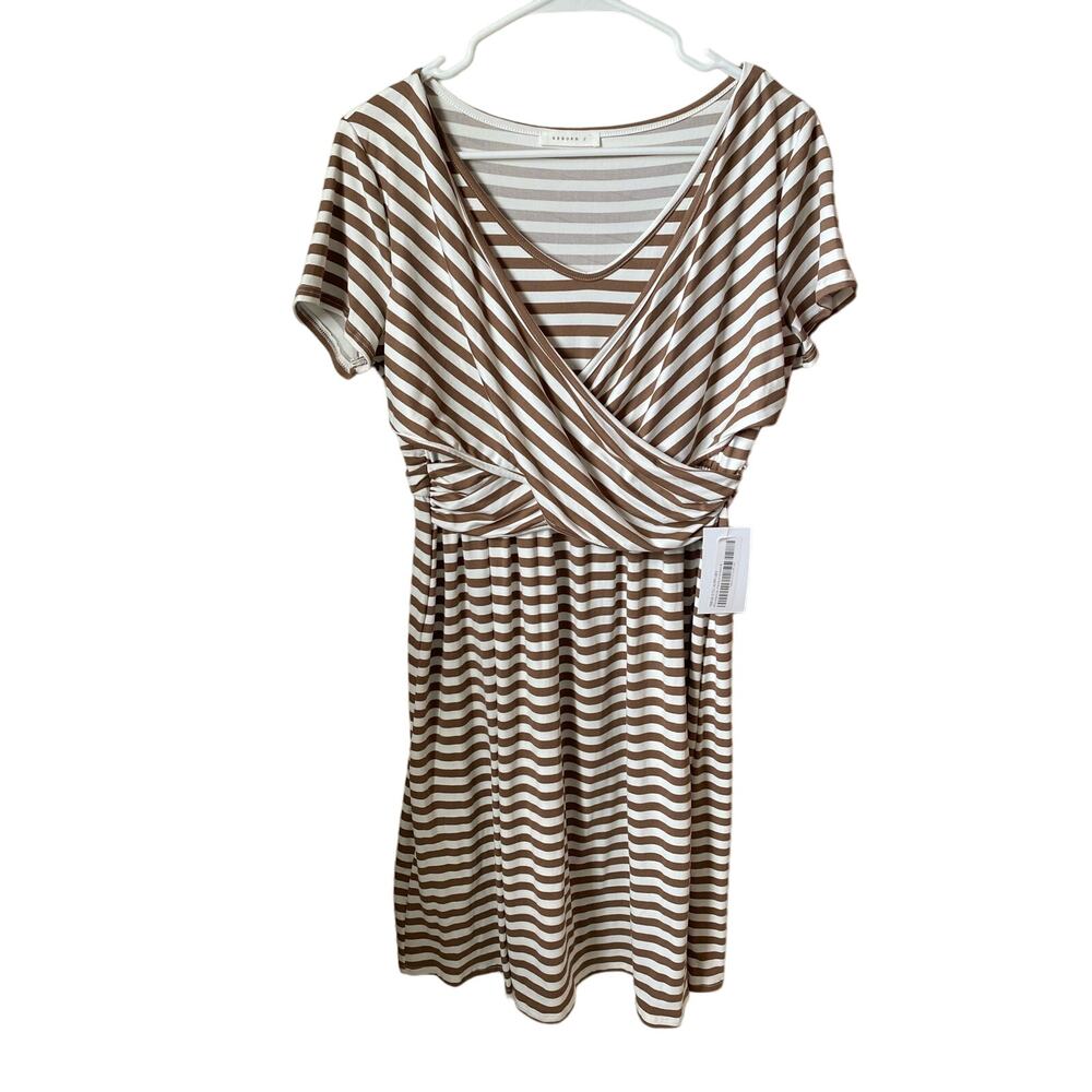 Reborn J Brown and White Striped Crossover Bust Midi Knee Length Dress Sz XL NWT